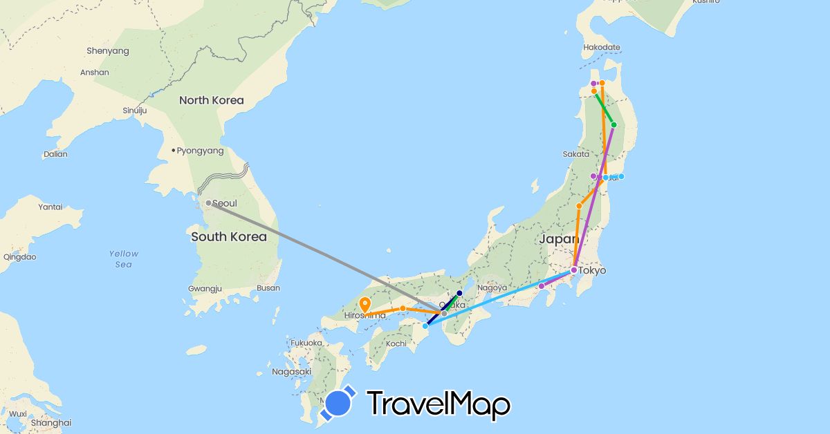 TravelMap itinerary: driving, bus, plane, train, boat, hitchhiking in Japan, South Korea (Asia)